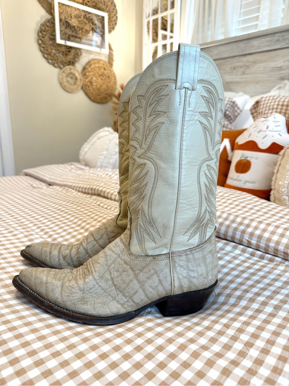 VTG Nocona Cowboy Boots Cream Beige Leather Exotic Elephant Print